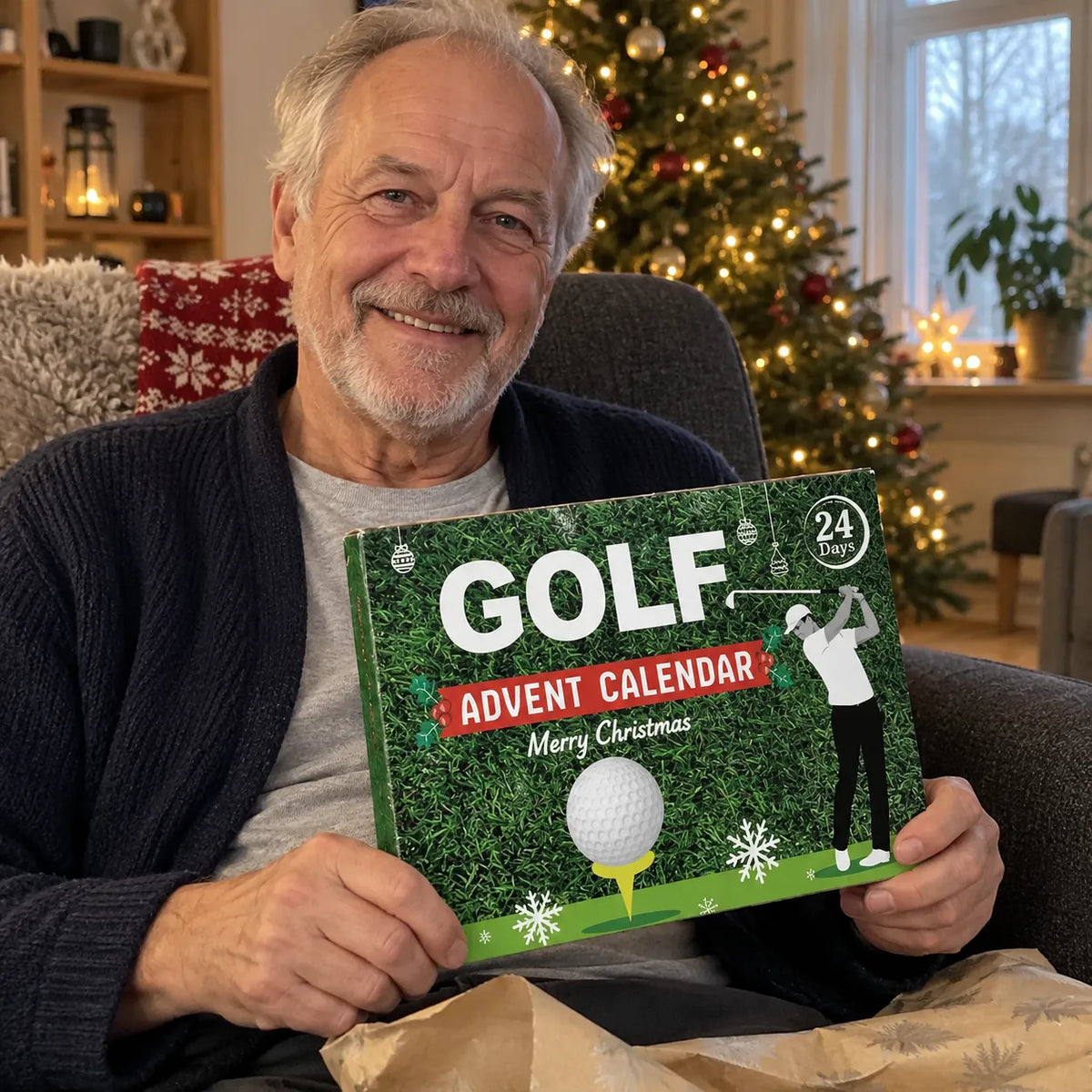 Glad gråhårig man håller upp sin golf adventskalender i vardagsrummet vid julgranen