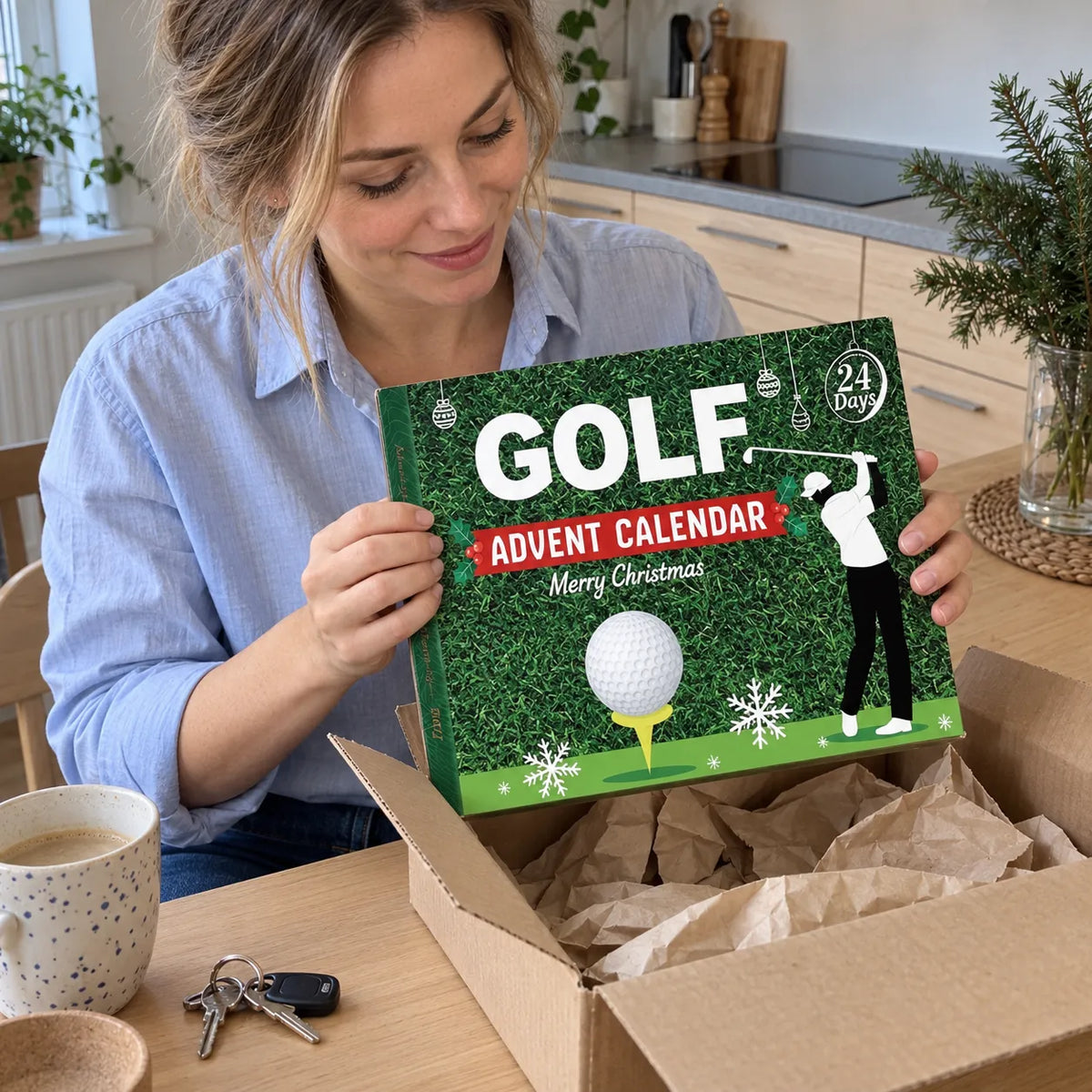 Kvinna packar upp golfkalendern ur frakt-kartongen vid köksbordet