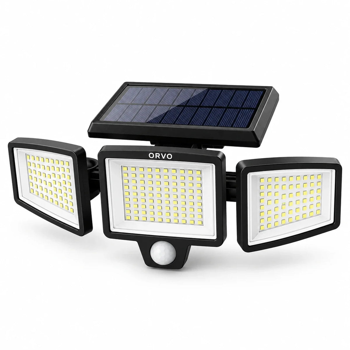 Orvo solcellelampe med tre hoveder, solpanel og bevægelsessensor på hvid baggrund