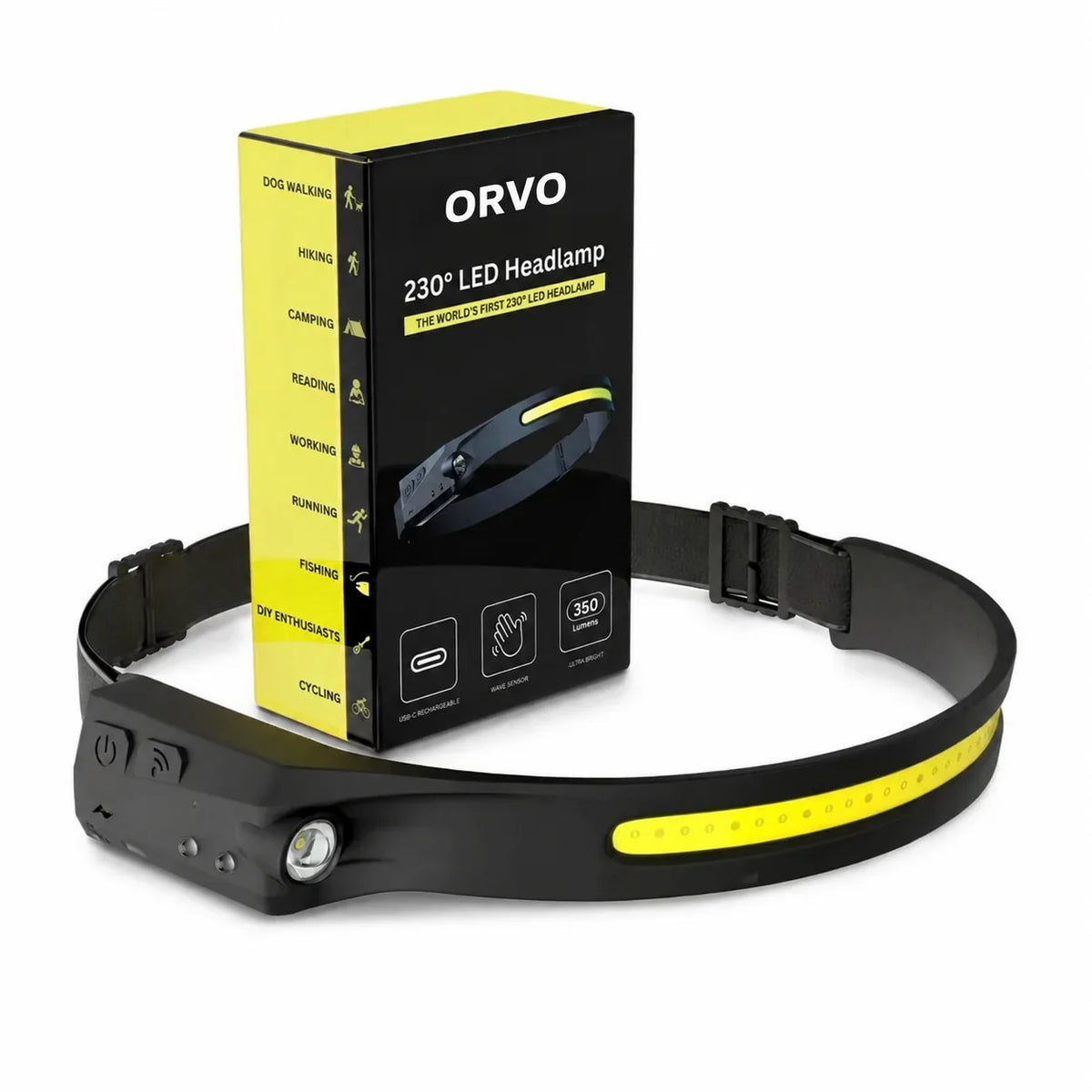 ORVO pannlampa 230° LED framför sin förpackning – USB-C-laddning, vinksensor och 350 lumen