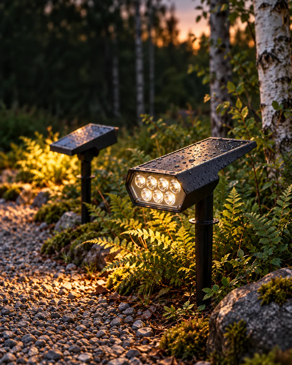 To solcellespotlights på jordspyd lyser en grussti og bregner op i tusmørket