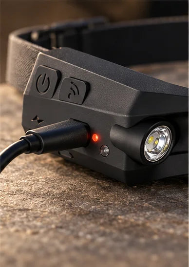 Oplades med USB-C – en rød lampe viser, at den lader